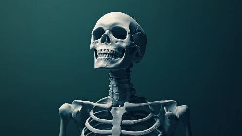 Stoic skeleton gazes upward in sculpted teal twilight.