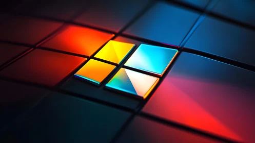 Vibrant 3D Microsoft Windows Logo on Reflective Tiles, Digital Art.