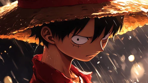Stormlit straw-hat hero brooding beneath molten rainlight.