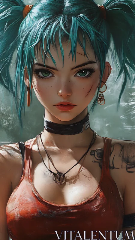 Fierce teal-haired rebel with scars and quiet confidence.