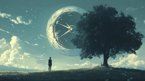 Celestial clock above meadow child beneath shadowed tree.