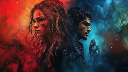 Dual warrior portraits in cinematic red and blue contrast.