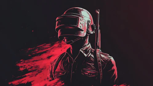 Helmeted tactical soldier in red-black digital illustration.