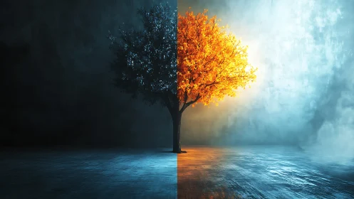 Tree divides blue shadowed side from bright orange side