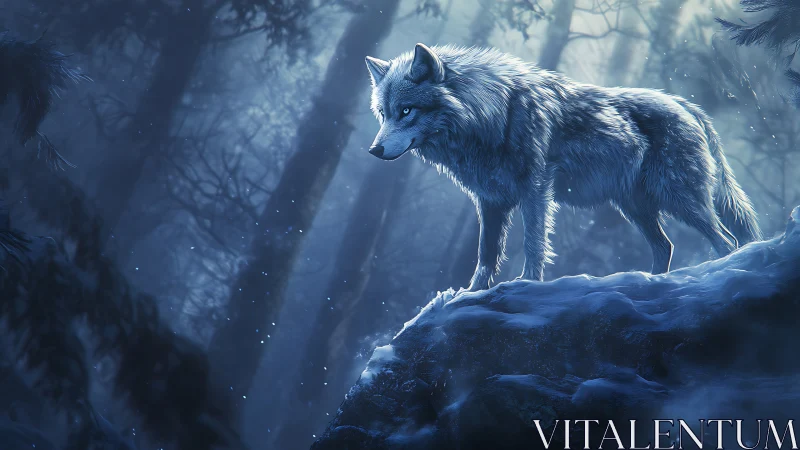 Lone gray wolf on snowy rock in blue misted conifer forest.