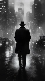 Lone stranger in a rainy noir city street at night.