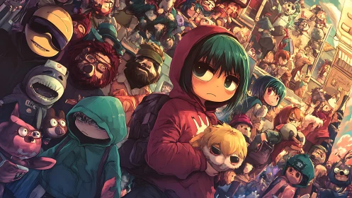 Quiet kid in red hoodie wandering a wonderfully weird crowd.