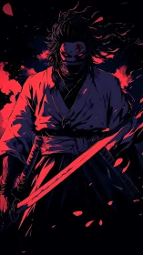 Crimson-lit samurai stands powerful amid swirling embers