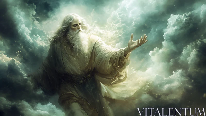 Divine robed figure emerges from radiant storm clouds in motion