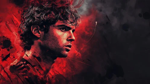 Storm-lit portrait of a determined hero in crimson haze.