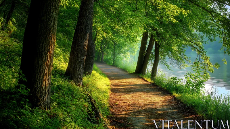Tree-lined path with water body visible through forest canopy opening