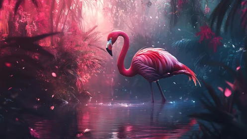 Flamingo poised in neon-lit enchanted jungle waterscape.