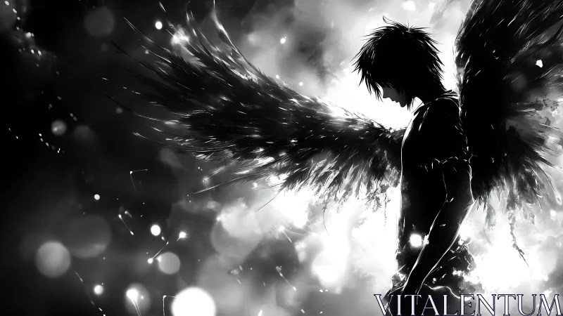 Dark winged figure stands in luminous monochrome haze