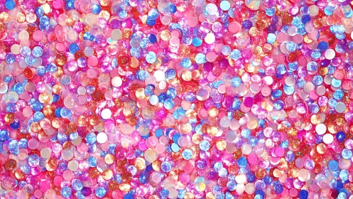 Iridescent glitter confetti forms dense chromatic surface field