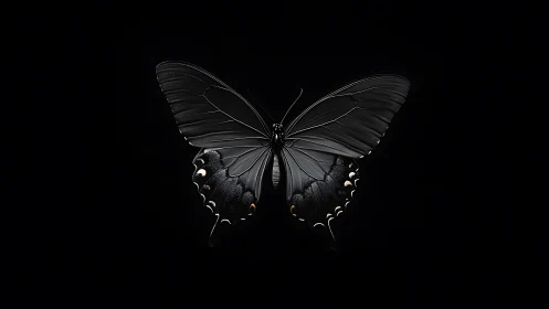 Midnight butterfly spreads lacquered wings into quiet void
