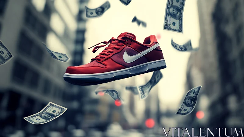 Floating red sneaker amid dollar bills in urban depth-of-field.