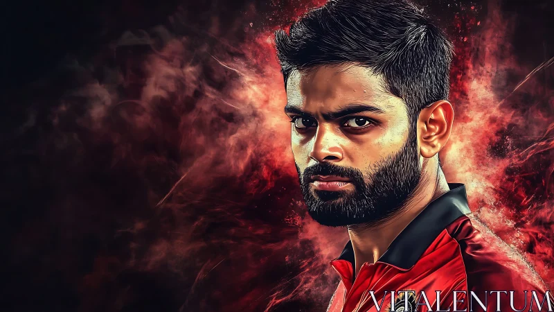 Intense cricketer portrait amid swirling red energy field