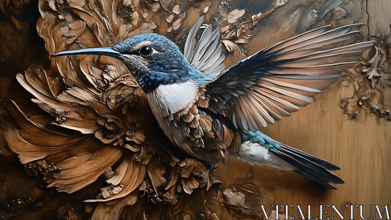 Textured hummingbird relief in dynamic wood-toned abstraction.