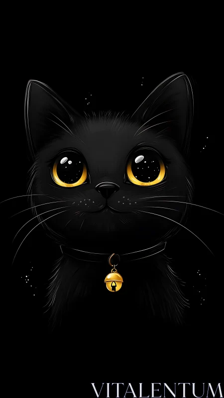 Black feline with golden eyes and bell collar.