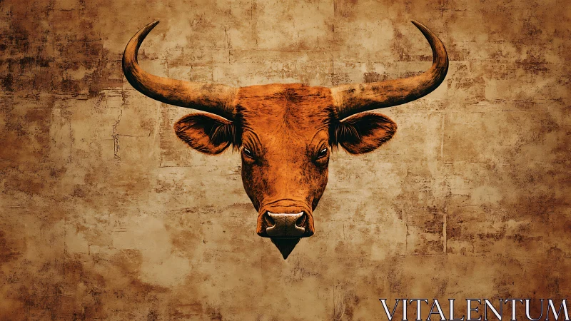 Horned desert guardian stares out from weathered adobe wall.