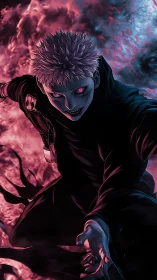 Cursed flame warrior lunges through swirling crimson night.