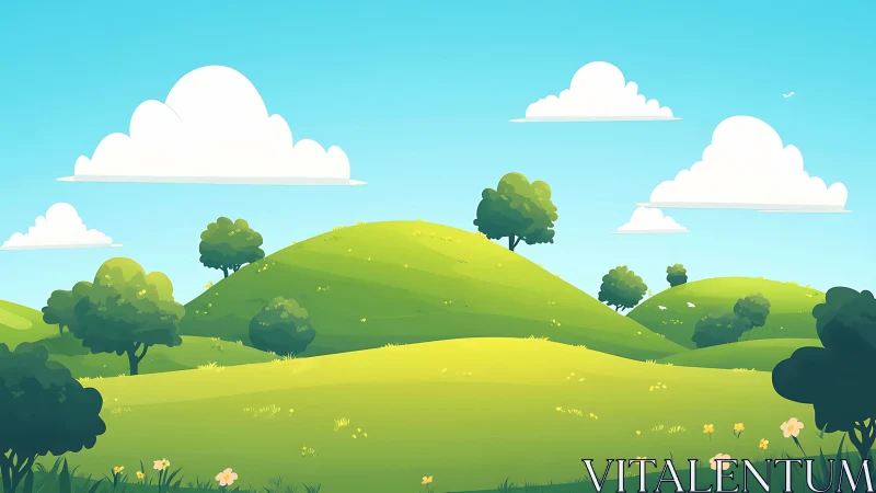 Digital pastoral landscape with stylized hills and trees.