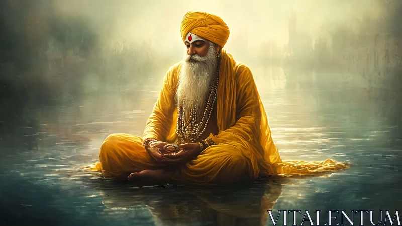 Mystical Sikh elder in saffron robes meditating on reflective water