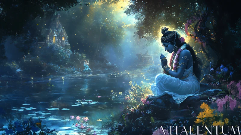 Divine blue figure meditates by luminous river in floral grove