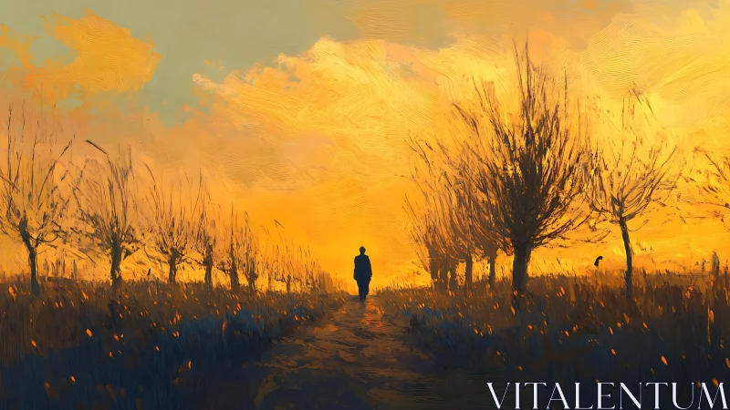 Sunset alley with solitary figure in expressive digital brushwork.