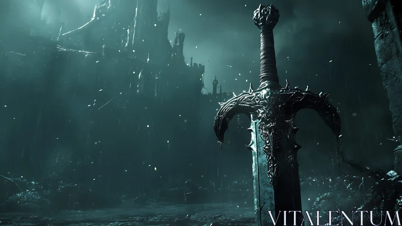 Forsaken greatsword before rain-soaked necrotic fortress.