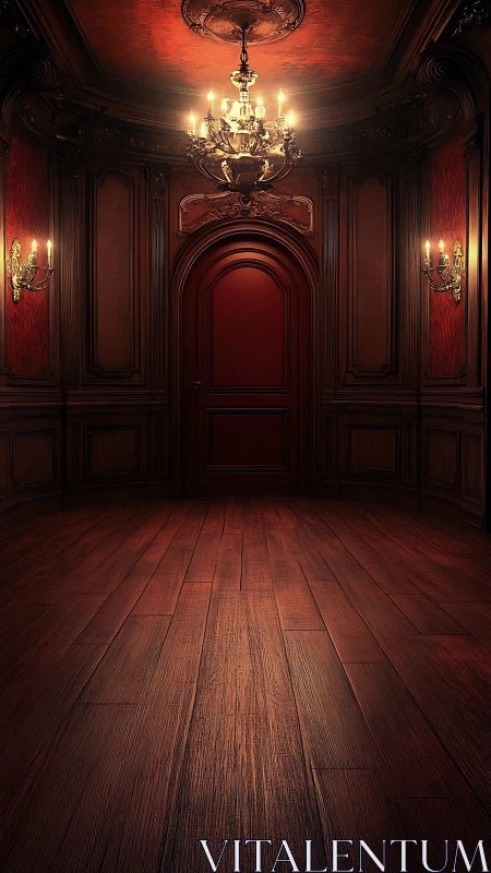 Opulent red corridor ends at a mysterious wooden door.