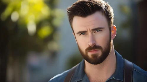 Handsome bearded man in soft outdoor sunlight portrait.