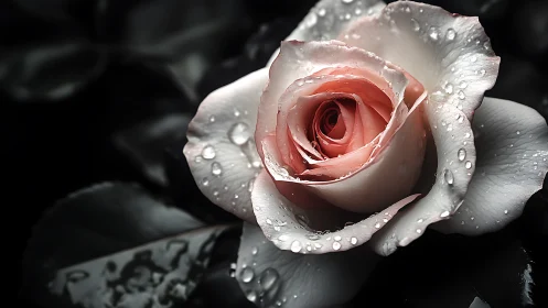 Rose specimen with moisture droplets, selective color treatment.