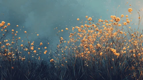 Dense orange wildflowers rendered against cool desaturated sky plane