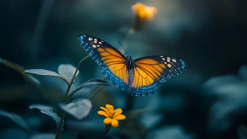 Vivid orange butterfly on small yellow flower in soft focus garden.