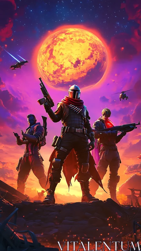 Solar storm vanguard under neon skies of a burning world.