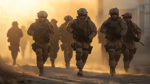 Soldiers stride through golden dust in steady formation.