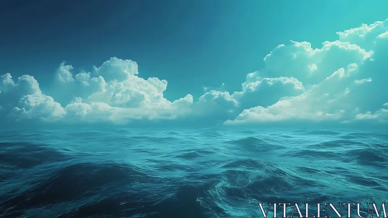 Wide-angle seascape renders volumetric clouds and dynamic waves