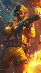 Rebel in yellow strides through fire with cool resolve.