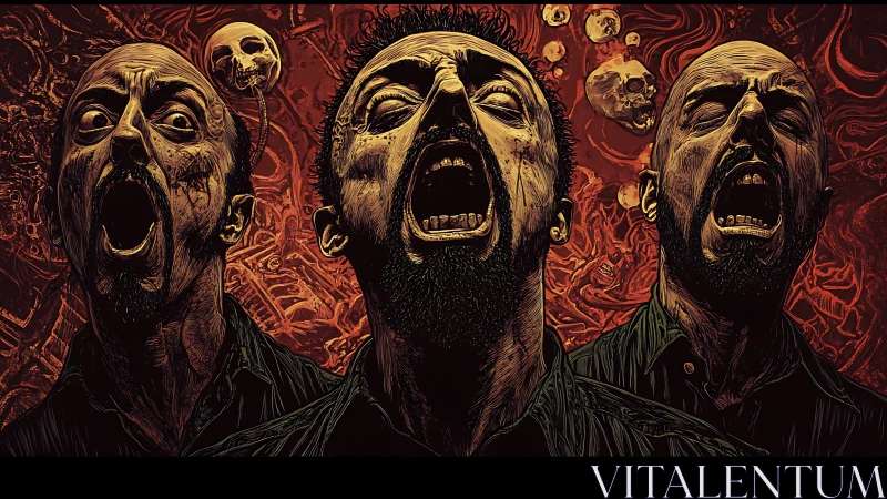 Triptych of screaming male heads renders visceral psychological terror