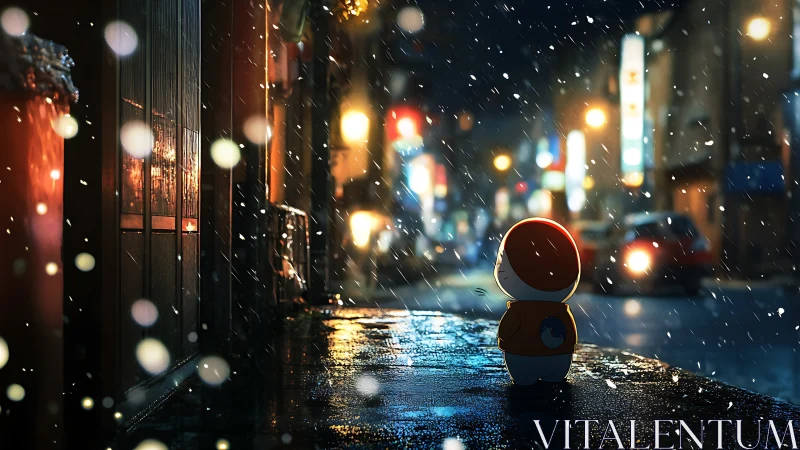 Small hooded figure on wet city street in snowfall.