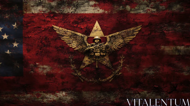 Weathered winged soldier emblem on a bold red banner.