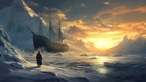 Icebound exploration vessel under cinematic polar sunset.