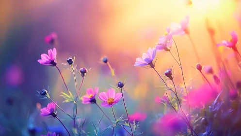 Pink cosmos flowers against softly blurred natural background.