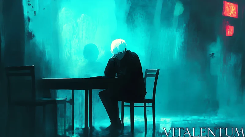 Solitary figure at table in neon blue urban haze.