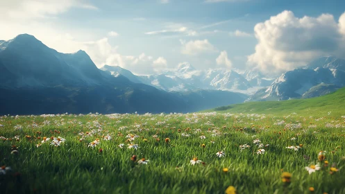 High-depth alpine meadow render with volumetric lighting gradients