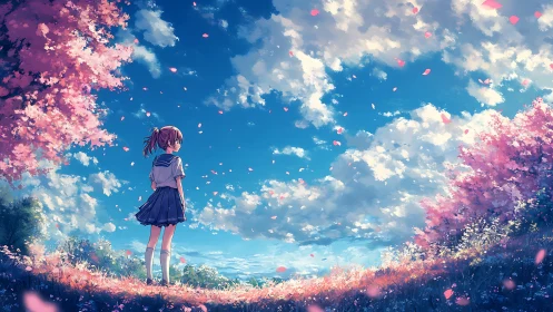 Schoolgirl gazes at drifting petals under luminous spring sky