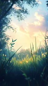 Sunlit meadow grass catches dawn light under soft sky.