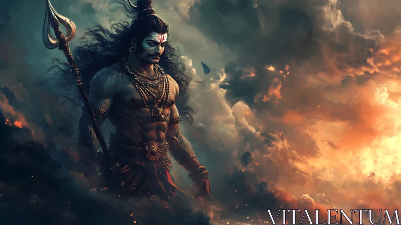 Majestic warrior deity walking through fiery twilight clouds.