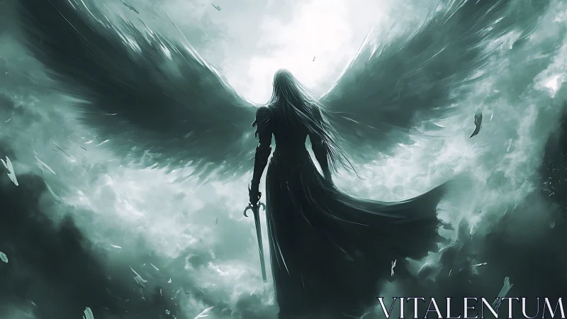 Sword-bearing angel rises through stormlit celestial clouds